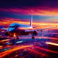 Airplane flying over city, long exposure dynamic motion with light streak Royalty Free Stock Photo