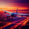 Airplane flying over city, long exposure dynamic motion with light streak Royalty Free Stock Photo