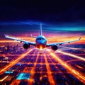 Airplane flying over city, long exposure dynamic motion with light streak Royalty Free Stock Photo