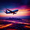 Airplane flying over city, long exposure dynamic motion with light streak Royalty Free Stock Photo