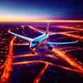 Airplane flying over city, long exposure dynamic motion with light streak Royalty Free Stock Photo