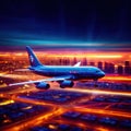 Airplane flying over city, long exposure dynamic motion with light streak Royalty Free Stock Photo