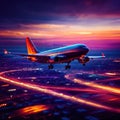 Airplane flying over city, long exposure dynamic motion with light streak Royalty Free Stock Photo