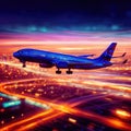 Airplane flying over city, long exposure dynamic motion with light streak Royalty Free Stock Photo