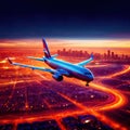 Airplane flying over city, long exposure dynamic motion with light streak Royalty Free Stock Photo