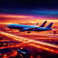 Airplane flying over city, long exposure dynamic motion with light streak Royalty Free Stock Photo