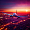Airplane flying over city, long exposure dynamic motion with light streak Royalty Free Stock Photo