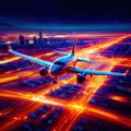 Airplane flying over city, long exposure dynamic motion with light streak Royalty Free Stock Photo