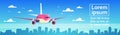 Airplane Flying Over City Skyscrapers Plane In Sky Cityscape Skyline Background With Copy Space Horizontal Banner Royalty Free Stock Photo