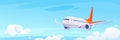 An airplane flying over clouds in a blue sky. Cartoon airplane vector illustration Royalty Free Stock Photo