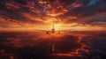 Airplane Flying Over Clouds at Sunset Royalty Free Stock Photo