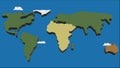 Airplane flying over coloured world map on blue background. Travel around the world by plane route. Motion animation.