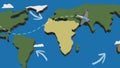 Airplane flying over coloured world map on blue background. Travel around the world by plane route. Motion animation.