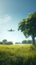 An airplane is flying over a grassy field Royalty Free Stock Photo