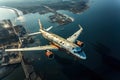 An airplane flying over a large body of water and cityscape aerial view