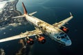 An airplane flying over a large body of water and cityscape aerial view.