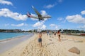 Airplane flying over Maho Beach, Sint Maarten, Dutch Caribbean