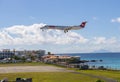 Airplane flying over Maho Beach, Sint Maarten, Dutch Caribbean