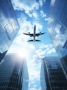 Airplane flying over the modern business building. Royalty Free Stock Photo