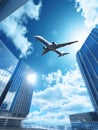 Airplane flying over the modern business building. Royalty Free Stock Photo