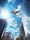 Airplane flying over the modern business building. Royalty Free Stock Photo