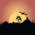 Airplane flying over mountain with palm silhouette illustration