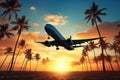 Airplane flying over palm trees at sunset. 3d illustration, Airplane flying above palm trees in a clear sunset sky with sun rays, Royalty Free Stock Photo