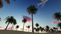 Airplane flying over the palm tress on the beach