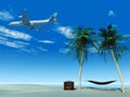 Airplane flying over tropical beach. Royalty Free Stock Photo