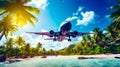 Airplane flying over tropical beach with palm tree in the background. Generative AI Royalty Free Stock Photo