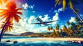 Airplane flying over tropical beach with palm trees and blue sky. Generative AI Royalty Free Stock Photo