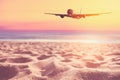 Airplane flying over tropical beach with smooth wave and sunset sky abstract background Royalty Free Stock Photo