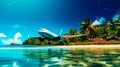 Airplane flying over tropical island with beach in the foreground. Generative AI Royalty Free Stock Photo