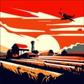 Airplane flying over the wheat field. Vector illustration of a summer sunset. AI generated Royalty Free Stock Photo