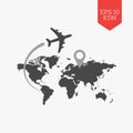 Airplane flying over world map, travel with destination concept. Royalty Free Stock Photo