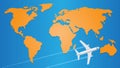 Airplane flying over world map, vector image Royalty Free Stock Photo
