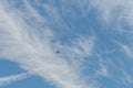 Airplane flying through scenic clouds in Orange County, California