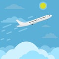 Airplane flying in sky above clouds higher and higher to top. Travel concept ads design. Vector illustration. Royalty Free Stock Photo