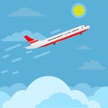 Airplane flying in sky above clouds higher and higher to top. Travel concept ads design. Vector illustration. Royalty Free Stock Photo
