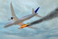 Airplane flying in the sky with an engine on fire Mayday danger