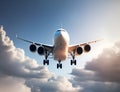 Airplane flying in sky. Jet plane fly in clouds, airplanes travel and vacation aircraft. Flight plane, airplane trip to airport or Royalty Free Stock Photo