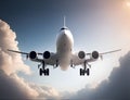 Airplane flying in sky. Jet plane fly in clouds, airplanes travel and vacation aircraft. Flight plane, airplane trip to airport or Royalty Free Stock Photo