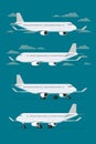 Airplane flying in sky and landed aircraft. Vector illustration Royalty Free Stock Photo