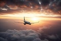 an airplane flying in the sky with a sunset in the background of the clouds behind it and the sun behind the clouds Royalty Free Stock Photo