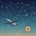 Airplane flying through a starry night sky filled with constellations, suggesting a Royalty Free Stock Photo