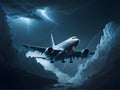 Airplane flying through storm clouds with lightning. Private jet catastrophe. Ai Generated