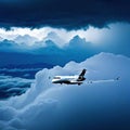 Airplane flying through storm clouds with Private jet