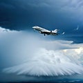 Airplane flying through storm clouds with Private jet