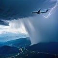 Airplane flying through storm clouds with Private jet