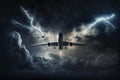 Airplane flying during storm, lightning strikes to passenger plane, generative AI